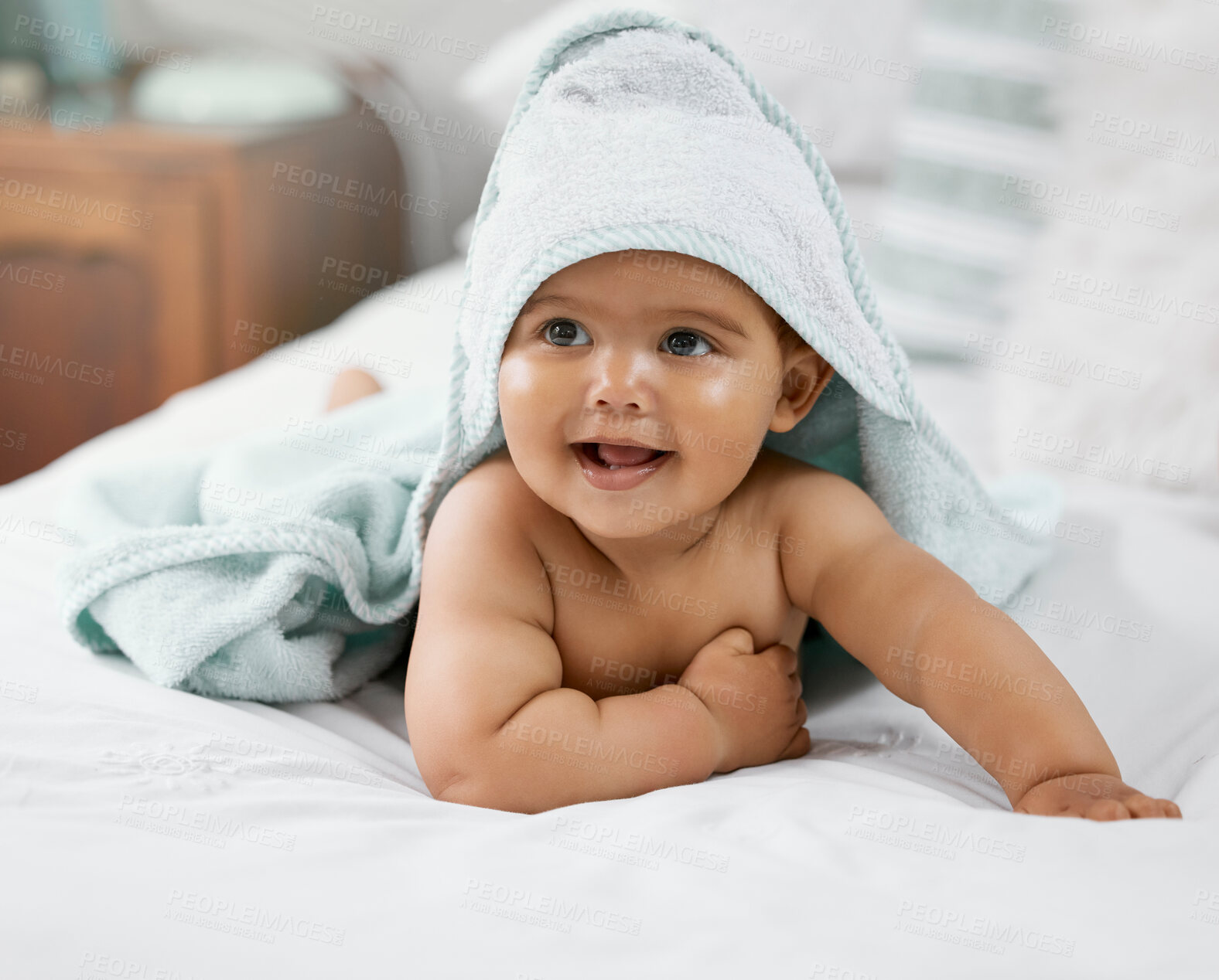 Buy stock photo Child development, cute and blanket with baby on bed in home for growth, having fun or playing. Adorable, balance and smile with happy newborn infant learning to crawl in bedroom of apartment