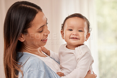 Buy stock photo Mom, baby and happy with bonding at home for care, support and child development or growth. People, parent and toddler or infant with smile for fun, security and trust with comfort, love and relax