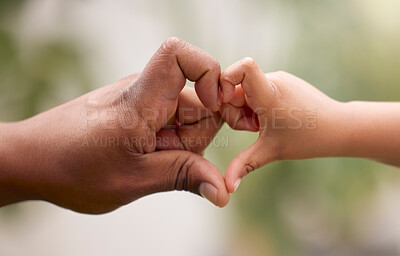 Buy stock photo Heart, hands sign and parent with kid outdoor for care, affection and bonding. Love, hand gesture and father with child for support, trust and empathy, kindness and family emoji for childhood closeup
