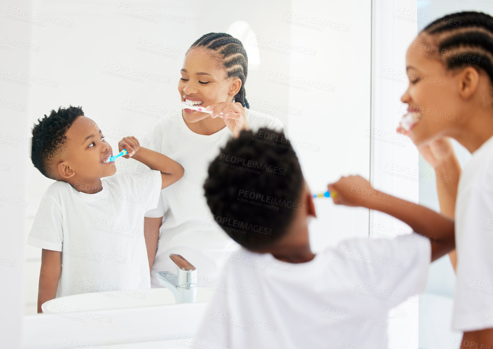 Buy stock photo Happy, mother and boy with toothbrush for brushing teeth for dental health, daily routine and gum wellness. Black family, back and mirror in bathroom or home for oral hygiene, cavity and fresh breath