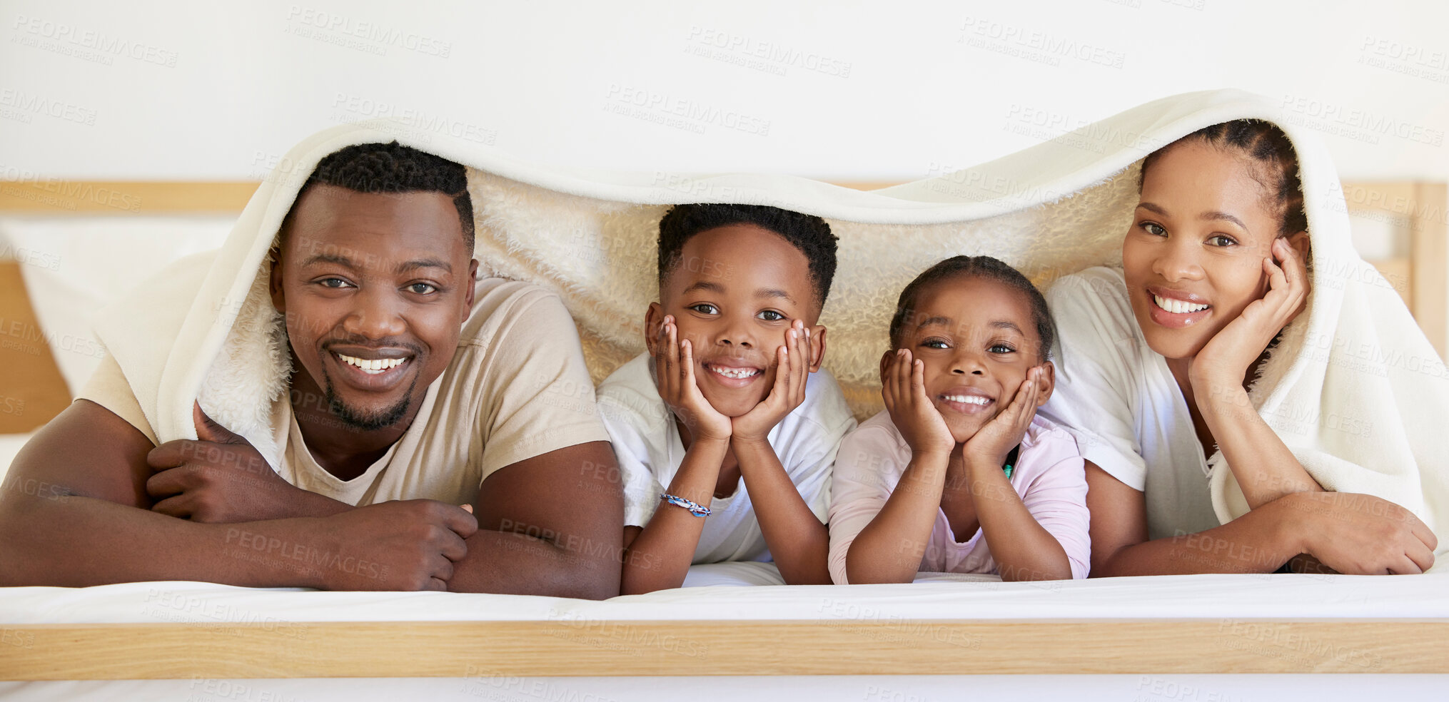 Buy stock photo African family, portrait and happy kids with parents in bedroom to relax in home. Face, mother and father with children in bed for rest, comfort and love for siblings bonding together in blanket