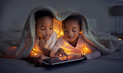 Buy stock photo Boy, girl and home with tablet at night for streaming, together with led light for web game. Black siblings, bonding and ebook with internet in bedroom for video, online app for learning with digital