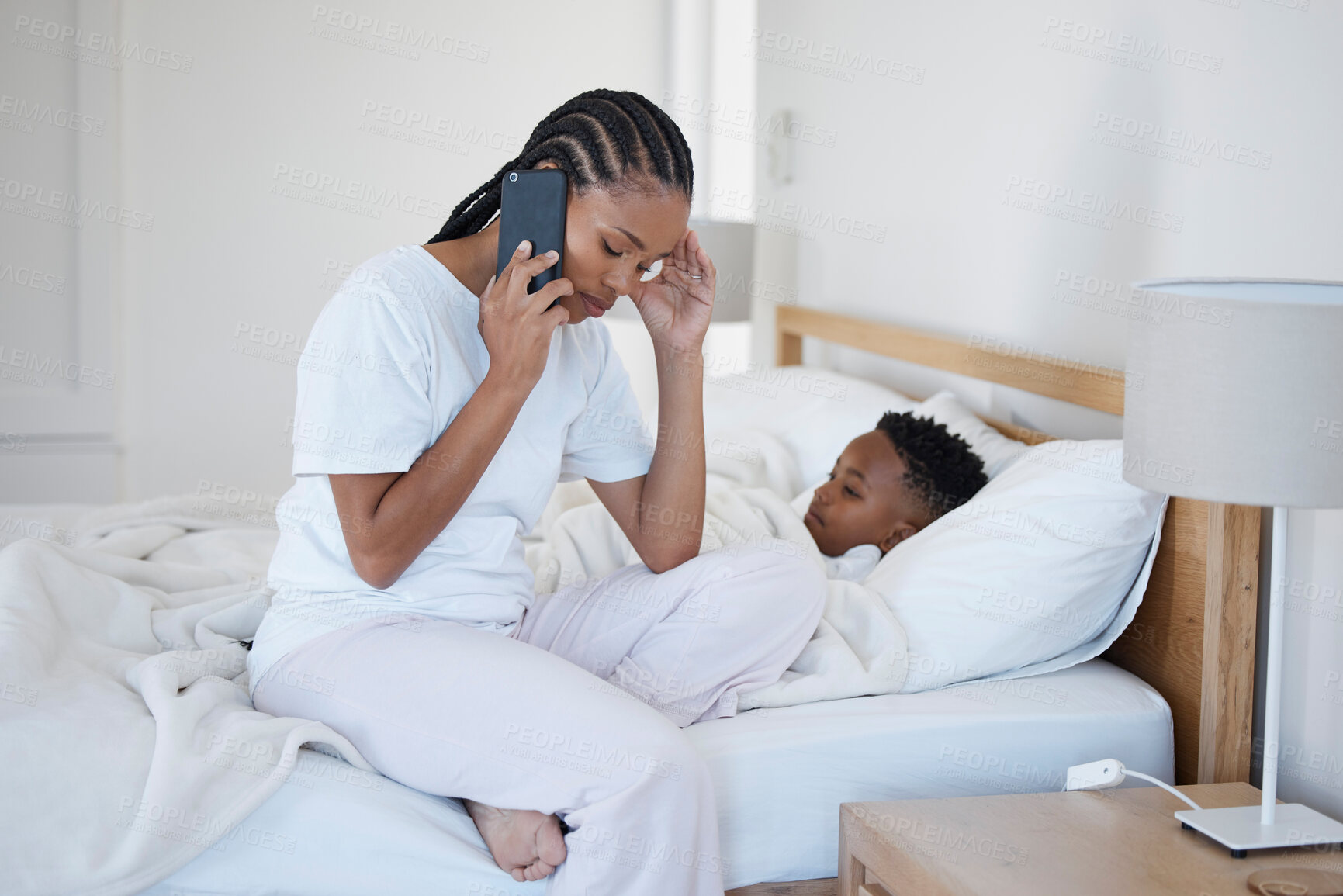 Buy stock photo Mom, black child and sick on phone call in bed for medical care, service and booking appointment with doctor. People, parent and kid at home with worry or stress for illness, flu and virus infection