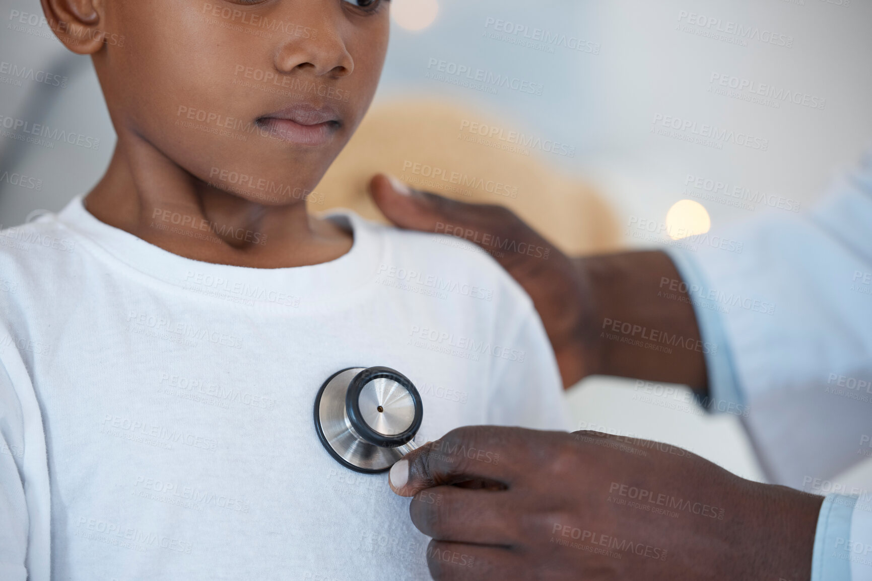 Buy stock photo Black people, kid and hands of doctor with stethoscope for checkup or appointment at clinic. Boy, child and pediatrician for healthcare or medical with support, trust and wellness with assessment