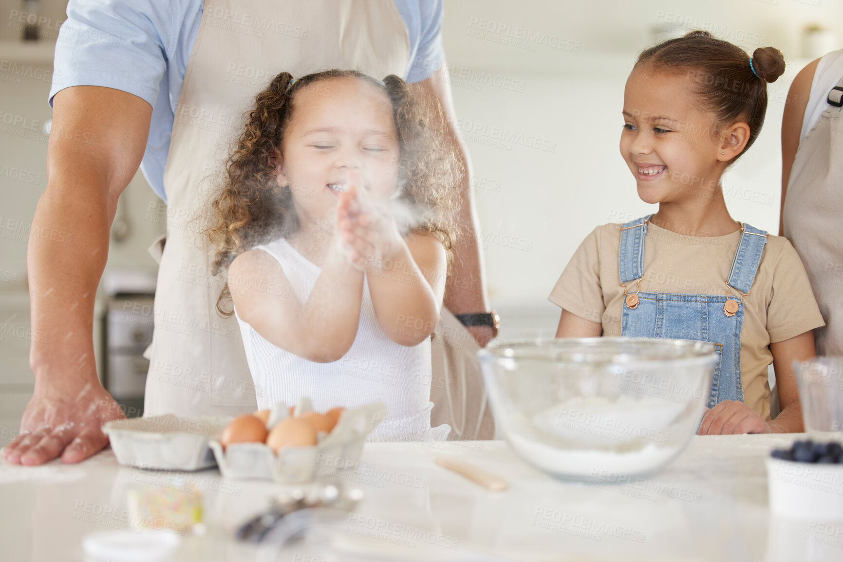 Buy stock photo Family, powder and baking in house for bonding, teaching and learning with smile, flour and bowl. Mother, children and man in kitchen for cooking, help and development with eggs, wheat and happiness