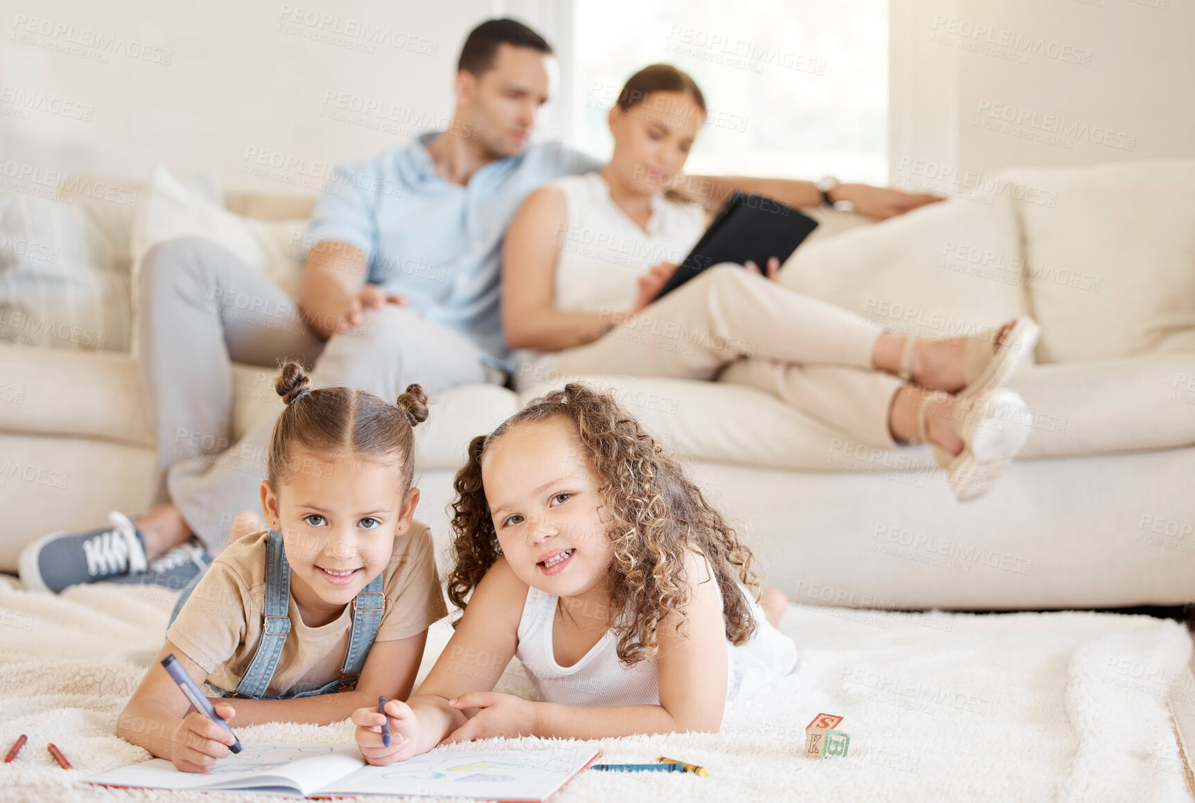 Buy stock photo Girls, portrait and drawing on floor in house with color pencil in book for development as sisters. Children, writing and learning in home with crayon or paper for kindergarten, homework or education