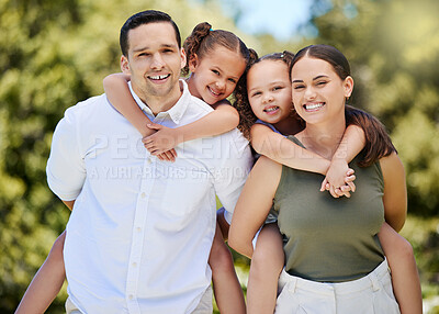 Buy stock photo Family, portrait and smile with piggyback in park for outdoor adventure, holiday and support. Happy, man and woman with children in nature for summer vacation, break and weekend trip in Costa Rica