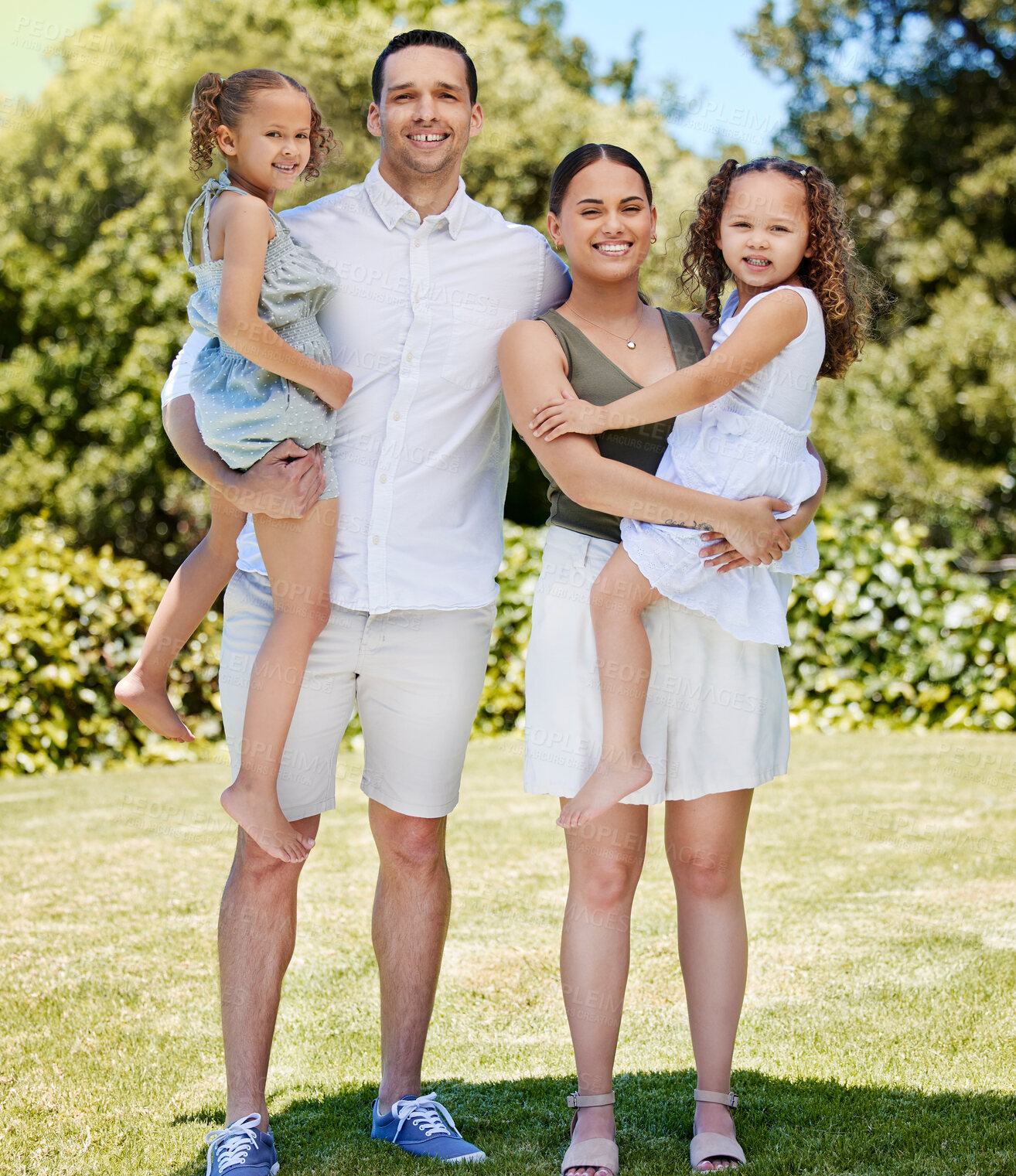 Buy stock photo Happy, family and portrait with kids in park for outdoor adventure, support and holiday together. Smile, woman and man with daughter in nature for summer vacation, break or weekend trip in Costa Rica