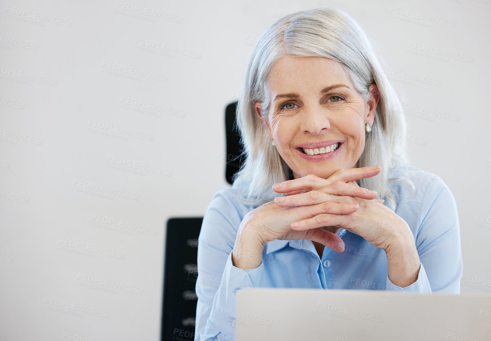 Buy stock photo Mature woman, portrait and laptop for business, communication or research with confidence in office. Employee, face and technology in workplace for career experience, networking client or development