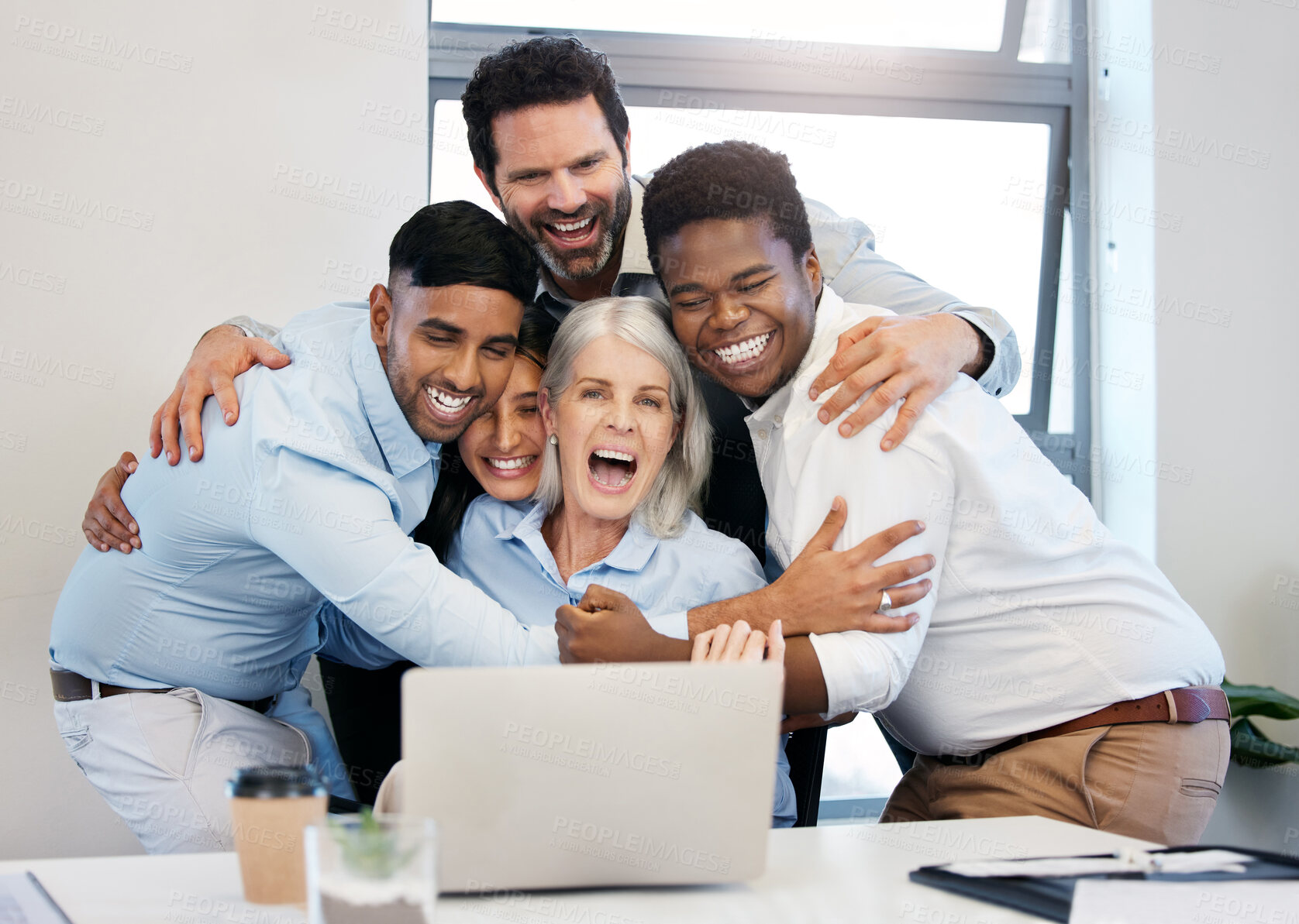 Buy stock photo Business people, celebration and hug by laptop with stock market growth, success and excited from win. Deal, trading and finance investment with profit, promotion and good news with tech and teamwork