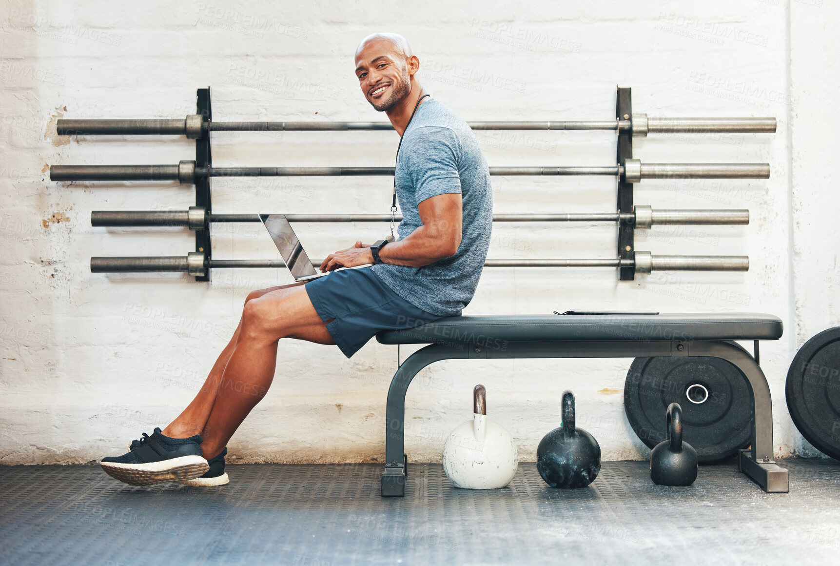 Buy stock photo Laptop, portrait and manager with man in gym for fitness instructor, planning and digital membership record. Online schedule, personal trainer and equipment supervisor with person in health facility