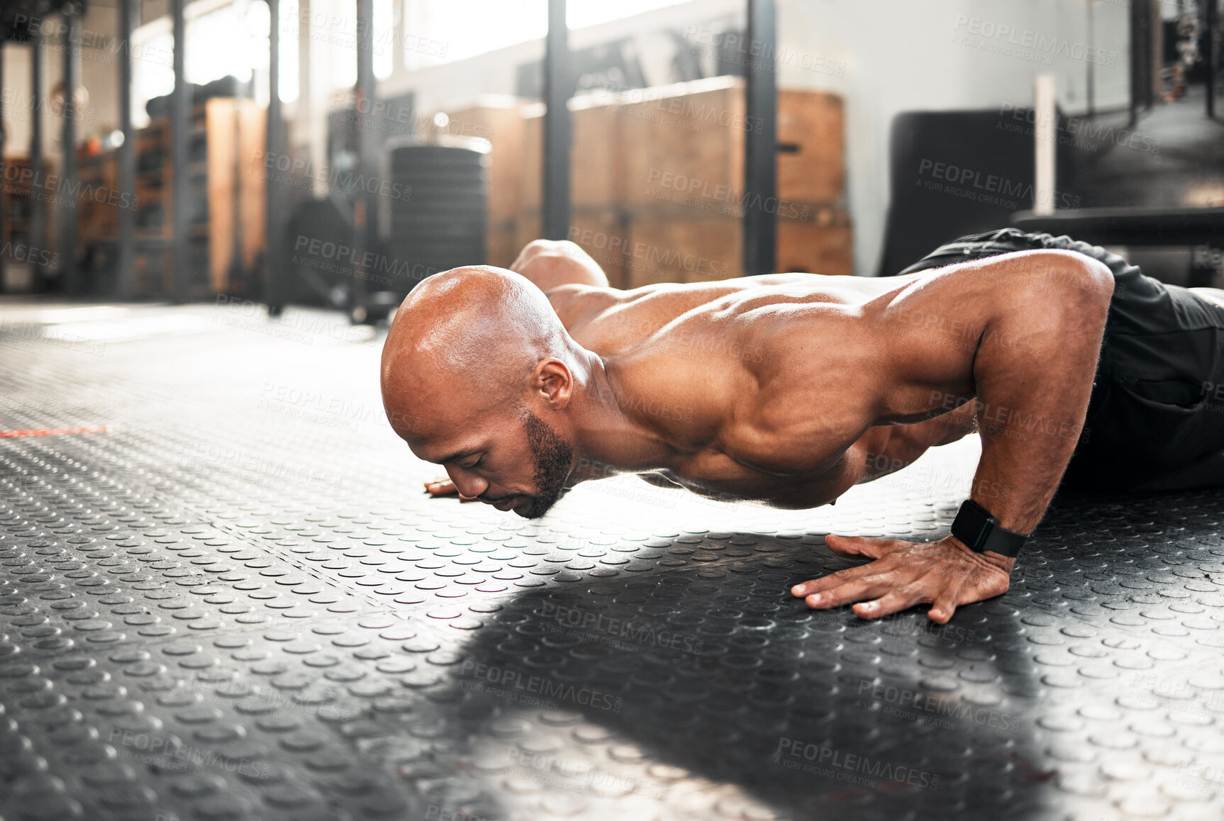 Buy stock photo Fitness, man and push up in gym for workout, arm muscle development or breathing for heartbeat regulation. Bodybuilder, muscular and topless in sports club with exercise for core strength improvement