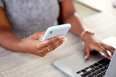 Buy stock photo Hands, business and woman with laptop, smartphone and typing with connection, internet and hotspot. Person, closeup and employee at desk, computer and cellphone with social media, app and network