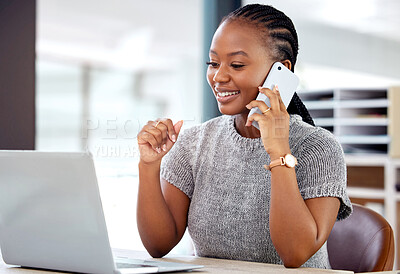 Buy stock photo Business woman, office and taking call with smartphone for planning, employee and happy with cellphone. Worker, network and coordinate for meeting, professional and virtual session for discussion