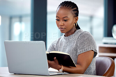 Buy stock photo Laptop, notebook and black woman in office with research, networking and website for online report. Business, planning and sales consultant with notes, computer or internet feedback review at desk.