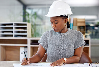 Buy stock photo Hardhat, architecture and black woman drawing blueprint in office for construction building project. Affirmative action, engineer and African female industrial worker working on infrastructure plans.