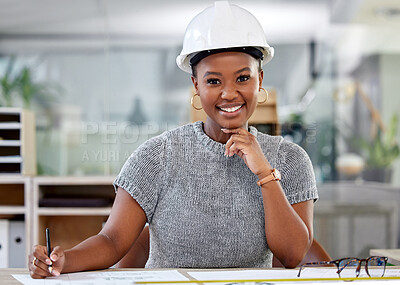 Buy stock photo Industry, architecture and portrait of black woman drawing blueprint in office for construction building project. Contractor, engineer and African industrial worker working on infrastructure plans.