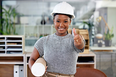 Buy stock photo Portrait, black woman and thumbs up for architecture, contractor in office and blueprint with renovation and deal. Support, success or feedback with floor plan for construction, vote and engineering