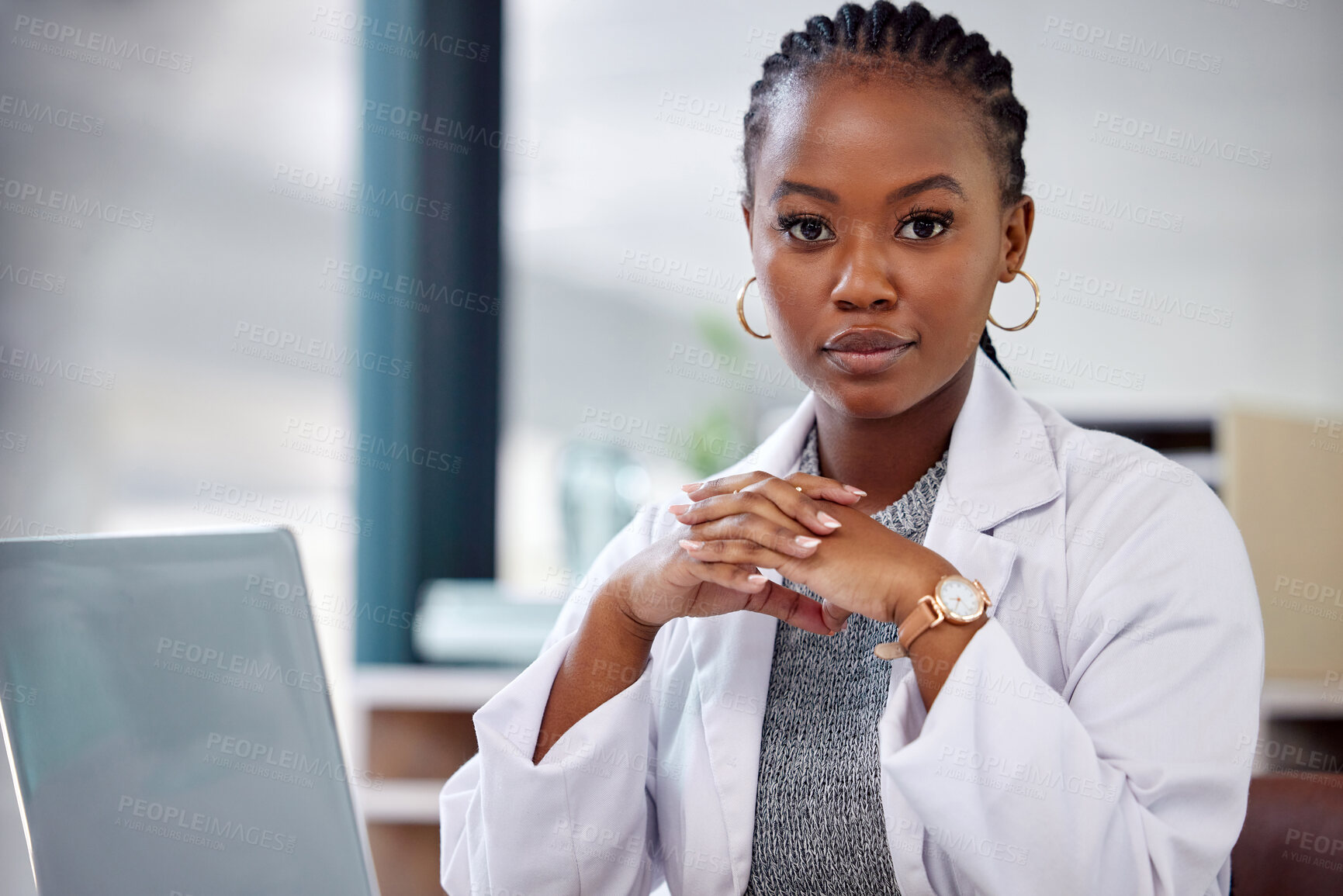 Buy stock photo Portrait, doctor or serious black woman with laptop, office or online support for hospital schedule. Healthcare, planning and medical professional with computer, confidence or health insurance advice