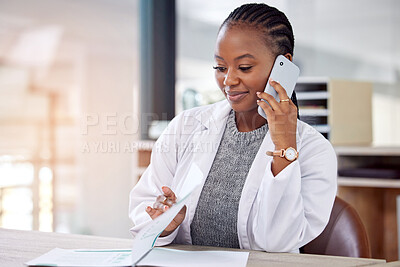 Buy stock photo Phone call, doctor or black woman in office with documents, smile and files for hospital schedule. Healthcare, planning and medical professional with cellphone, advice and health insurance paperwork