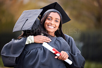 Buy stock photo Woman friends, hug and graduation portrait at college, campus and celebration with diploma. University students, graduate event and certificate for success, achievement and congratulations in embrace