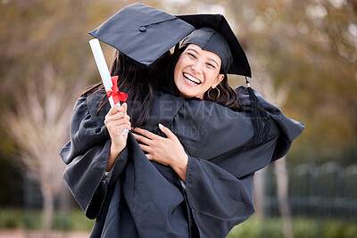 Buy stock photo Woman friends, congratulations hug and graduation at college, campus and celebration with diploma. University students, graduate event and certificate for success, achievement and excited in embrace