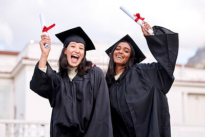 Buy stock photo Women, friends and graduation with certificate, portrait or cheers for support, goals and education at college. Girl, students and happy with diploma for achievement, success or celebration at campus