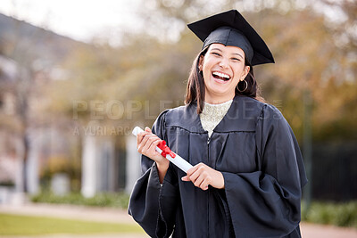 Buy stock photo Woman, portrait and graduation with certificate, happy and excited for future, goals and education at college. Girl, student and happy with diploma for achievement, success and celebration at campus