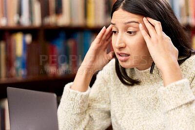 Buy stock photo University, laptop or woman with stress headache at campus library for research, planning or homework assignment. College, pressure or student frustrated by exam deadline, anxiety or pc glitch or 404