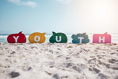 Buy stock photo Speech bubbles, beach and sand with sunshine, textand word on the seashore with youth. Empty, color and letters with communication, lens flare and summer with opportunity, voice and opinion.