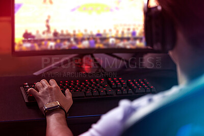 Buy stock photo Gamer, computer screen and man with headset, live stream and esports subscription from back. Content creator, influencer or streamer with headphones for online challenge, video game or night at home.