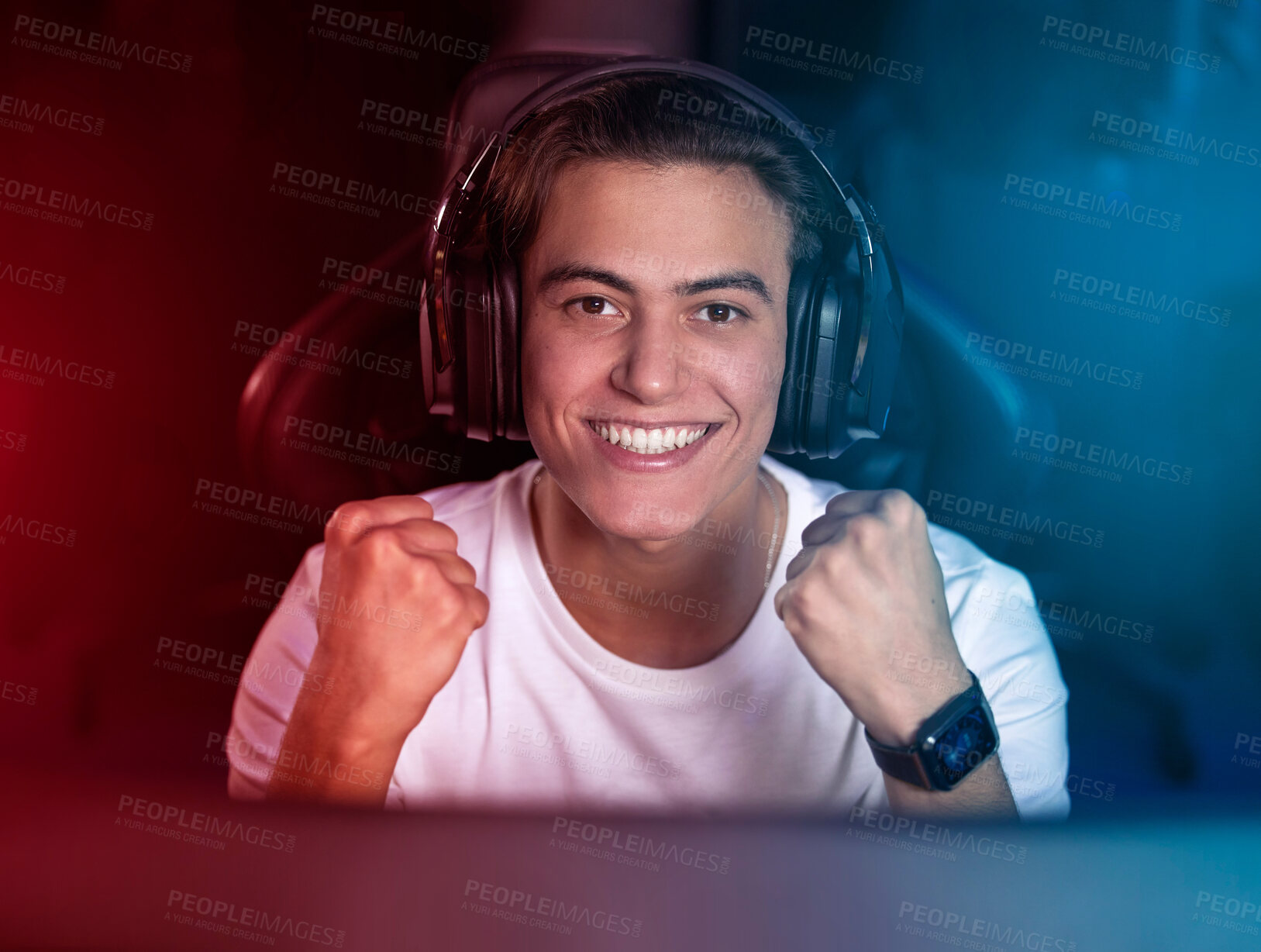 Buy stock photo Man, winning and excited gamer with headphones, smile or night celebration for esports at home. Content creator, influencer or happy streamer with headset for online achievement, goal or video game.