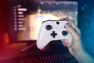 Buy stock photo Hand, screen and console of gamer by neon at home for gaming, entertainment and online video. Controller or equipment, person and technology for virtual streaming, professional and hobby by closeup