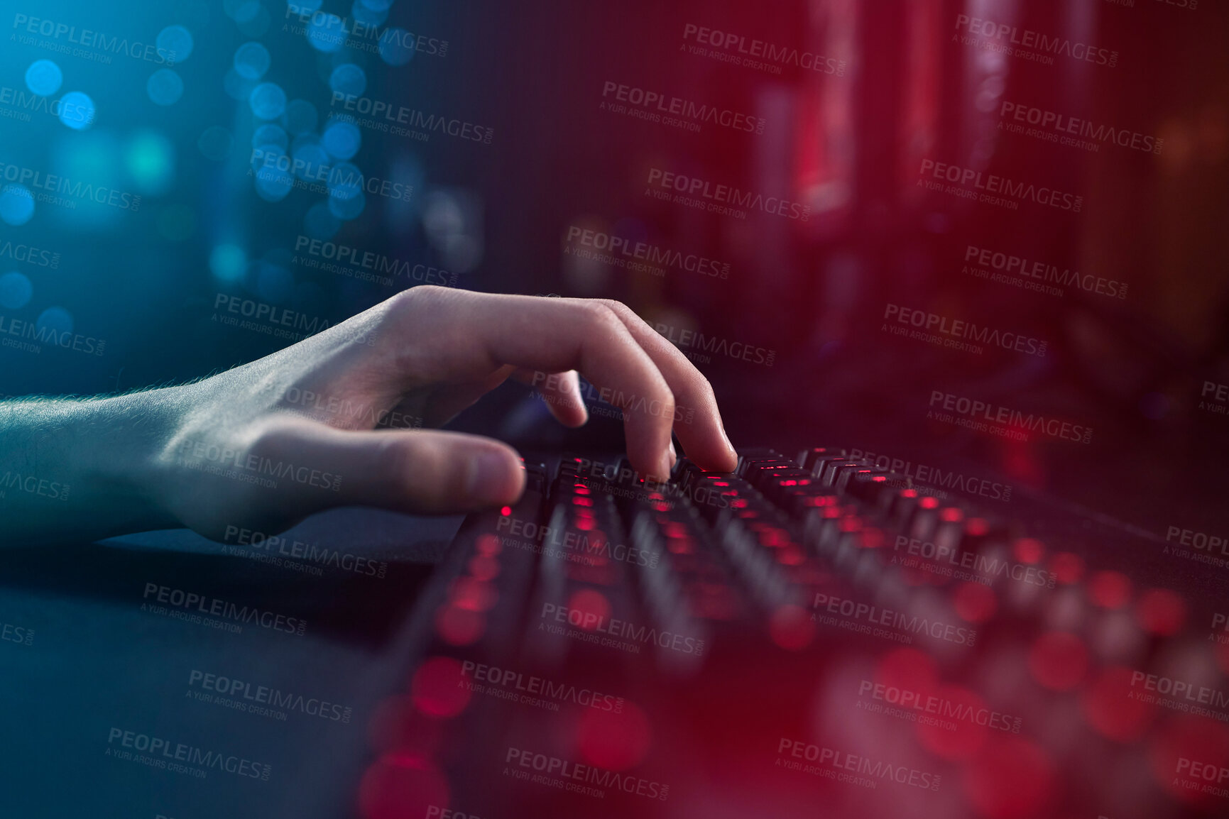 Buy stock photo Hands, neon and typing on gaming keyboard computer in home for esports, internet or play video closeup. Rgb light, pc and person on key at table for pro streamer on website, click or press technology