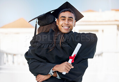 Buy stock photo Portrait of a young man hugging his friend on graduation day