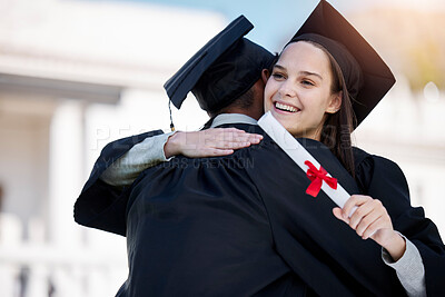 Buy stock photo Smile, friends and students hug for graduation, celebration or success outdoor at university campus. Happy man, woman or graduate embrace with certificate scroll for learning achievement, win or goal