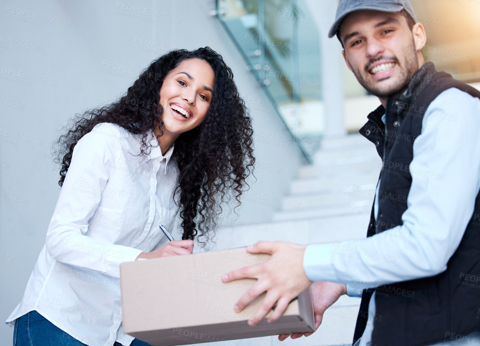 Buy stock photo Office, portrait or businesswoman with box, delivery man or logistics with package, stock and distribution. Smile, happy customer and courier giving parcel or shipping with supply chain and service