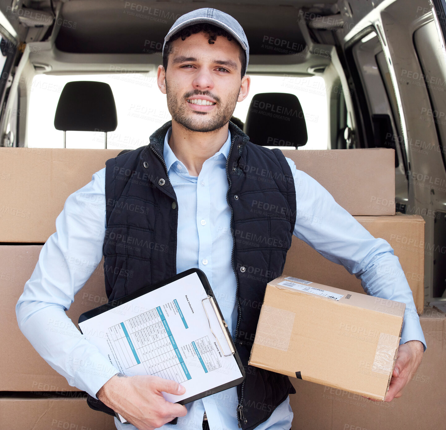 Buy stock photo Checklist, car and portrait of delivery man with box, smile and package for commercial shipping business. Van, driver and courier worker with clipboard for cargo, distribution service or logistics