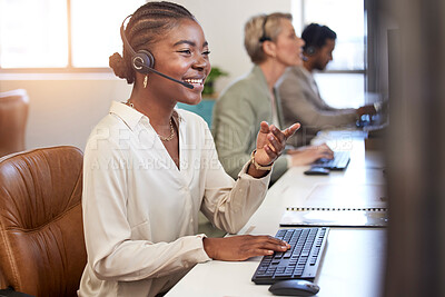 Buy stock photo Call center, speaking and business woman in office, agency or ecommerce, talking or client account update. Agent, virtual consultant or african person on computer advice, support or customer solution