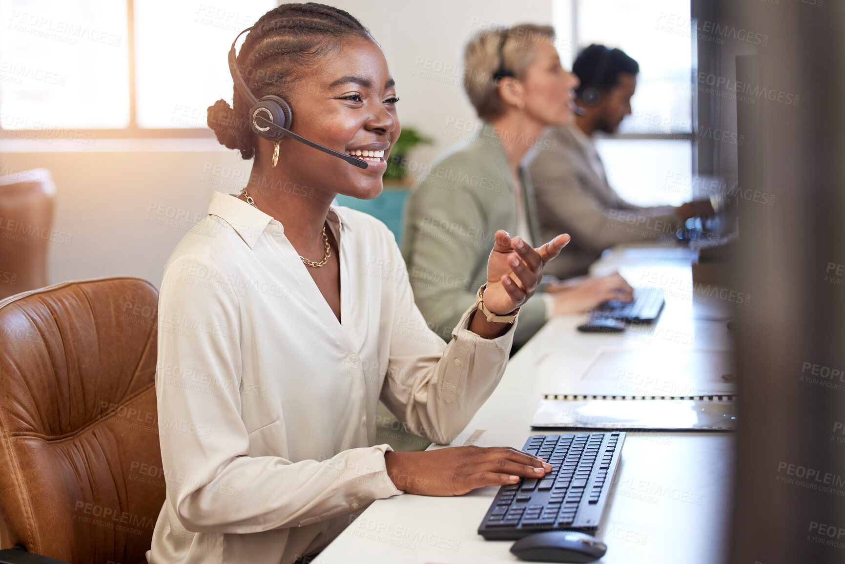 Buy stock photo Call center, speaking and business woman in office, agency or ecommerce, talking or client account update. Agent, virtual consultant or african person on computer advice, support or customer solution