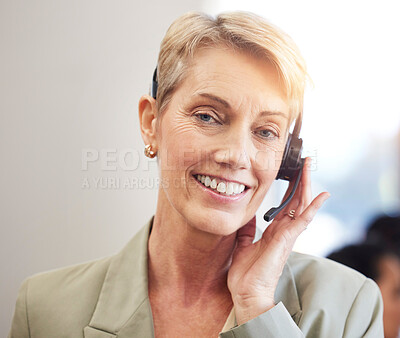 Buy stock photo Call center, portrait and mature woman, consultant or agent in virtual communication, customer support and contact. Face of happy person, telecom or e commerce employee speaking or help on headphone