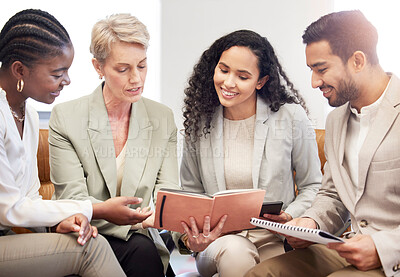 Buy stock photo Meeting, notebook and business people for collaboration, teamwork and discussion of ideas, reminder and project notes. Agenda of happy women, men or team reading journal for startup conversation