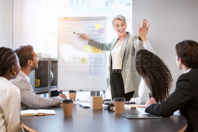 Buy stock photo Presentation, meeting and speaker high five business people in office for talking, discussion and feedback. Corporate, professional and men and women with whiteboard for collaboration and teamwork