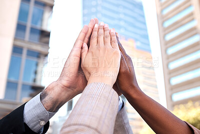 Buy stock photo City huddle, meeting hands together of business people with support, teamwork or partnership opportunity. Fingers, solidarity and work friends with unity sign or mission, goal or target collaboration