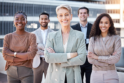 Buy stock photo Crossed arms, team and portrait of business people in city for success, partnership and collaboration. Corporate, professional and men and women in urban town for career, working and job opportunity