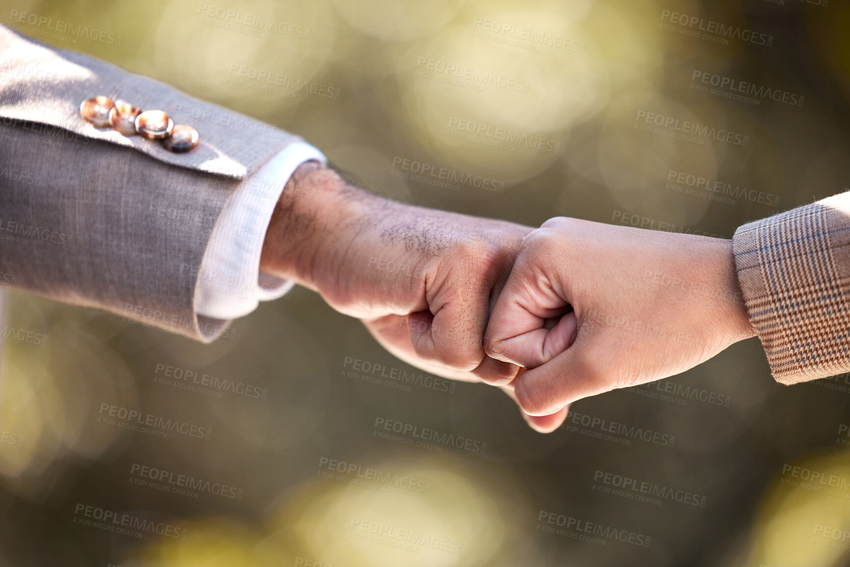 Buy stock photo Hello, fist bump and business people outdoor with deal agreement, commitment and partnership. Hands, support and work friends with finger emoji for solidarity, motivation and collaboration with trust