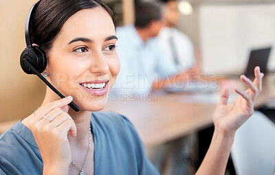 Buy stock photo Call center, customer service and woman in office talking for online advice, business and help. Communication, telemarketing and happy worker with headset for contact, crm support and consulting