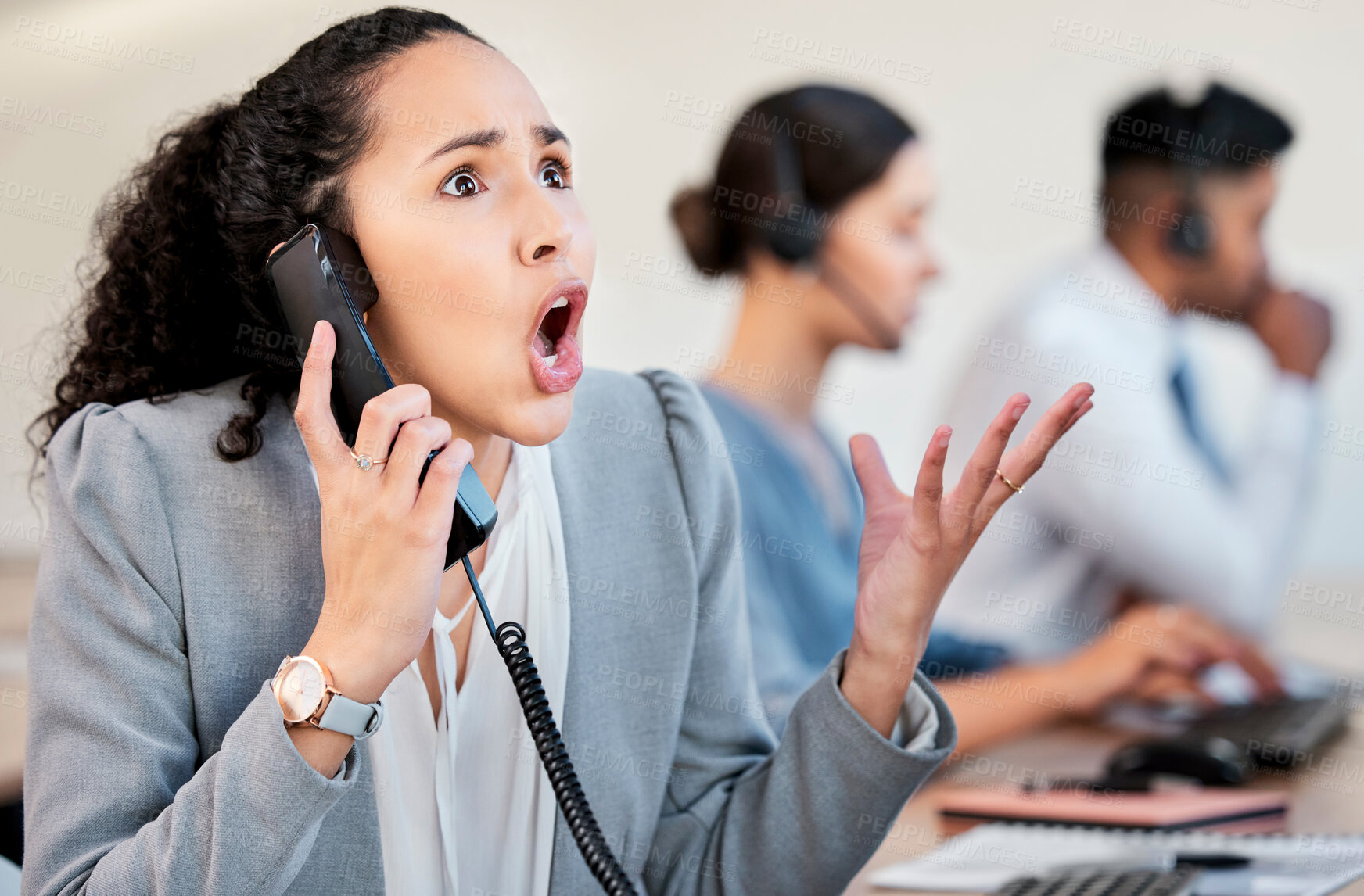 Buy stock photo Phone call, office and woman in customer service with anger, problem solving or stress at help desk. Shouting, frustrated and consultant at callcenter agency with crisis, issue or phishing scam.