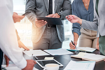 Buy stock photo Closeup, business people and group in a meeting, technology and documents with planning, brainstorming and deadline. Staff, men and women with paperwork, collaboration and teamwork with development