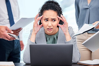Buy stock photo Confused, chaos and business woman, documents or computer stress, financial report and debt fail, crisis or mistake. Headache, time management problem and manager, people hands and finance paperwork